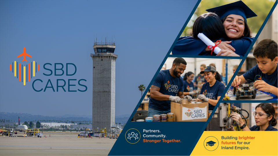 Collage showing SBD Cares volunteers at community events, a graduate hugging, and an airport control tower with planes; logos and slogans promoting community support.